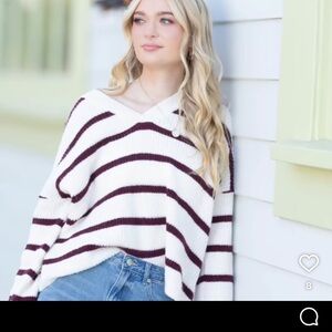 Striped V-Neck Sweater - White and Brown